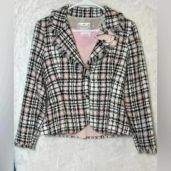 Dress Barn Jackets & Blazers - Pastel Pink Black Plaid Beaded Pearl Office Blazer Blouse Floral Dress Barn Med.
